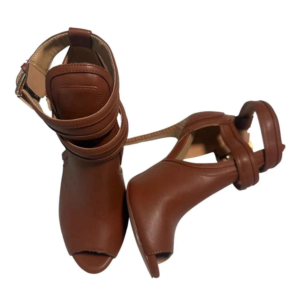 Cognac Brown Peep Toe Stiletto Booties Double Buckle Ankle Strap Cut Out Size 10
